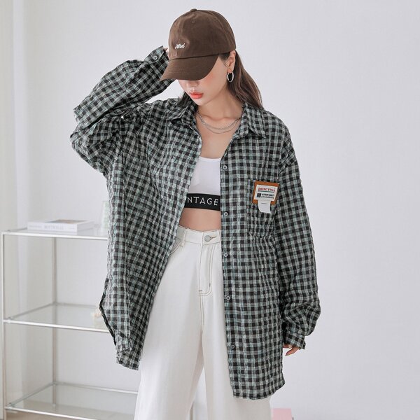 

Letter Patched Pocket Plaid Drop Shoulder Blouse, Multicolor