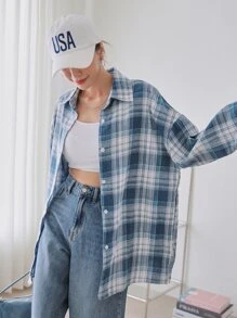 DAZY 格子纽扣前落肩衬衫，秋季服装，法兰绒女式长袖上衣 - 藍白色 - 查看 8