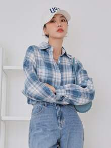 DAZY 格子纽扣前落肩衬衫，秋季服装，法兰绒女式长袖上衣 - 藍白色 - 查看 9