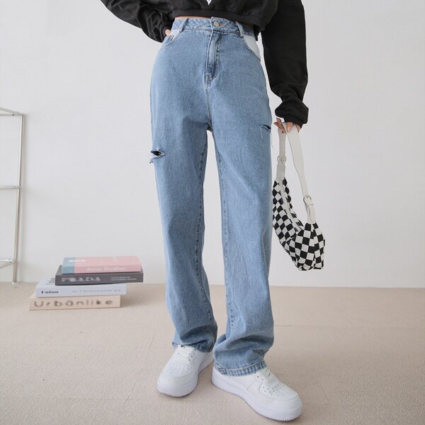 

High Waist Ripped Frayed Straight Leg Jeans, Light wash