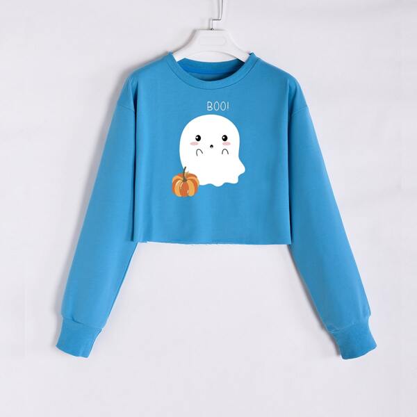 

Halloween & Letter Print Drop Shoulder Sweatshirt, Blue