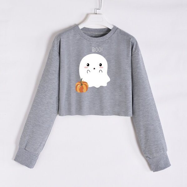 

Halloween & Letter Print Drop Shoulder Sweatshirt, Grey