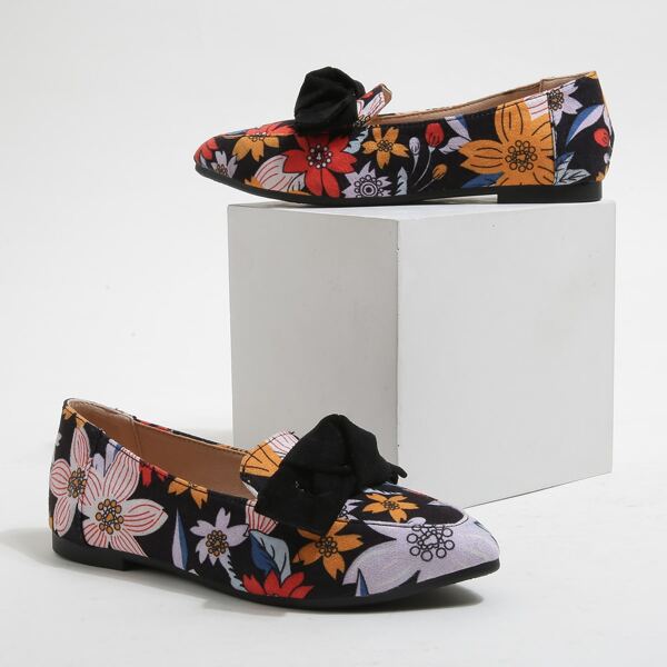

Girls Bow Decor Floral Graphic Loafers, Multicolor