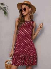 SHEIN LUNE Vestido de lunares bajo con fruncido - Burdeos - Ver 4