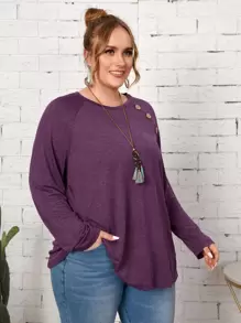 EMERY ROSE Áo thun Plus size Nút phía trước màu trơn Giải trí - Màu tím - Xem 3