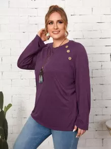 EMERY ROSE Áo thun Plus size Nút phía trước màu trơn Giải trí - Màu tím - Xem 4