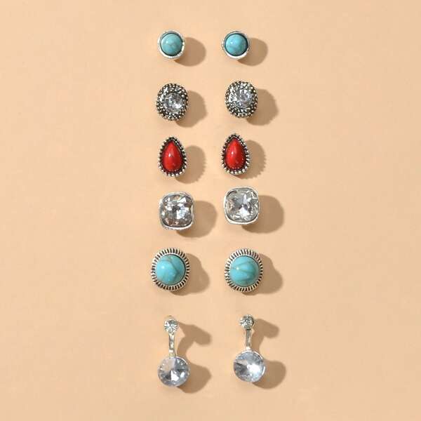 

6pairs Stone Decor Stud Earrings, Silver