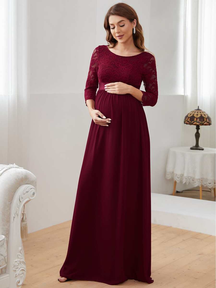 Maternity Plus Lace Panel Belted Chiffon Dress, Dress