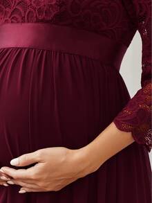 Maternity Plus Lace Panel Belted Chiffon Dress, Dress