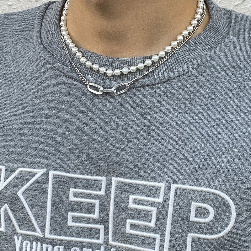 

Guys Faux Pearl Beaded Necklace, Silver