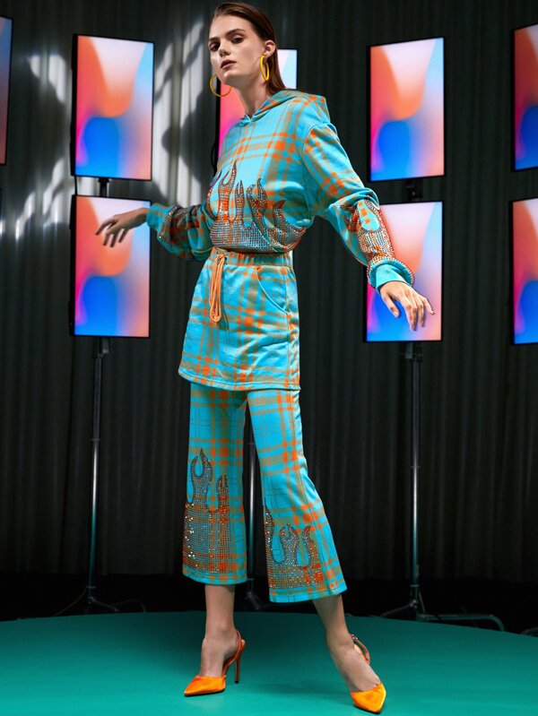 FREAK CITY 设计师款抽绳腰部水钻火焰图案格子二合一运动裤