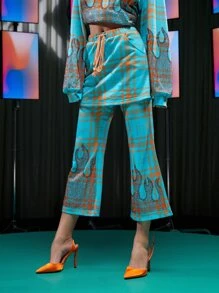 FREAK CITY 设计师款抽绳腰部水钻火焰图案格子二合一运动裤