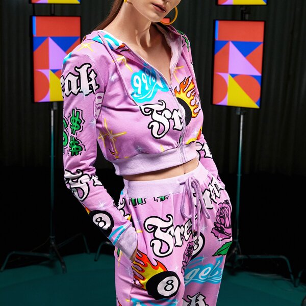 

Letter & Fire Print Zip Up Crop Sweatshirt, Multicolor