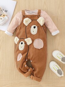 Baby Girl Striped Print Tee & 3D Ear Cartoon Pattern Overall Jumpsuit Set - Multicolor - View 1
