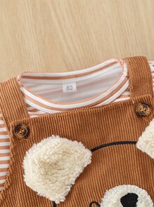 Baby Girl Striped Print Tee & 3D Ear Cartoon Pattern Overall Jumpsuit Set - Multicolor - View 4