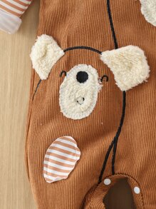 Baby Girl Striped Print Tee & 3D Ear Cartoon Pattern Overall Jumpsuit Set - Multicolor - View 5