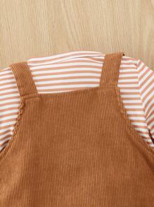 Baby Girl Striped Print Tee & 3D Ear Cartoon Pattern Overall Jumpsuit Set - Multicolor - View 7