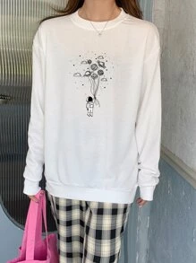 卡通宇航員圖案落肩袖套頭衫 - 白色 - 查看 1