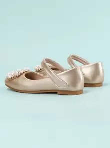 Girls Faux Pearl Decor Metallic Flats - Gold - View 3