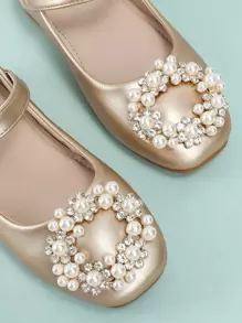 Girls Faux Pearl Decor Metallic Flats - Gold - View 4