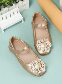 Girls Faux Pearl Decor Metallic Flats - Gold - View 5