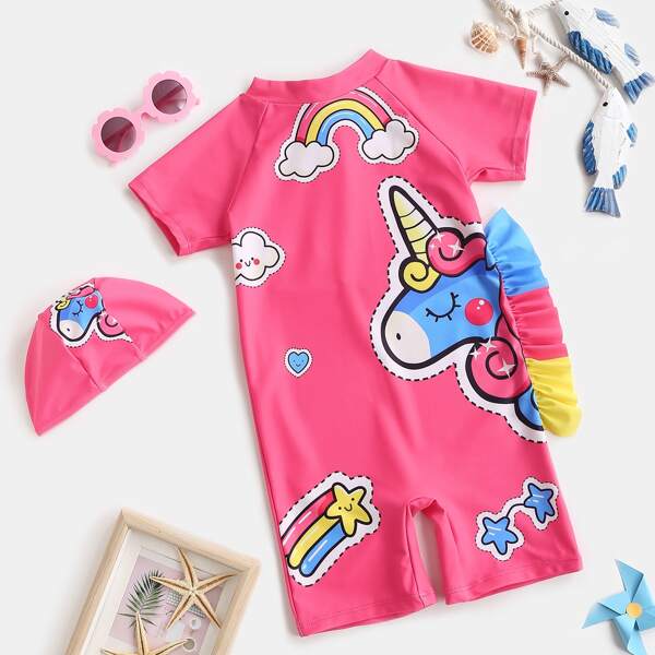 

2pack Toddler Girls Unicorn Print One Piece Swimsuit & Cap, Pink