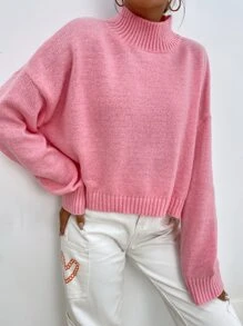 SHEIN Unity Mock Neck Drop Shoulder Jumper - Pink - View 5
