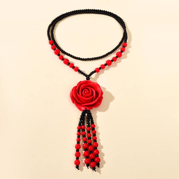 

Flower & Bead Charm Necklace, Red