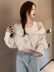 拼接假兩件豎條紋襯衫 - 米色 - 查看 2