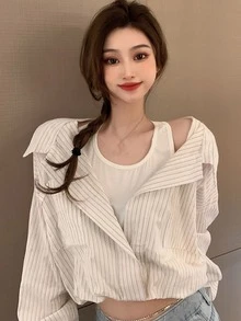 拼接假兩件豎條紋襯衫 - 米色 - 查看 4