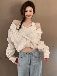 拼接假兩件豎條紋襯衫 - 米色 - 查看 5