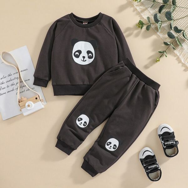 

Baby Panda Print Raglan Sleeve Sweatshirt & Sweatpants, Black