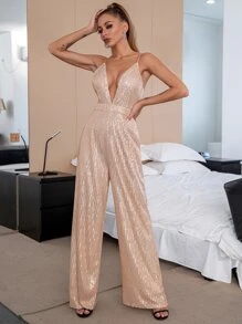 Double Crazy 女式深 V 领阔腿无袖连体裤，适合音乐节或派对的时尚服装，夏季 - 香檳色 - 查看 1