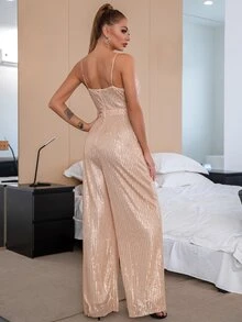 Double Crazy 女式深 V 领阔腿无袖连体裤，适合音乐节或派对的时尚服装，夏季 - 香檳色 - 查看 2