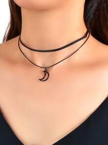 Moon Charm Layered Choker - màu đen - Xem 1