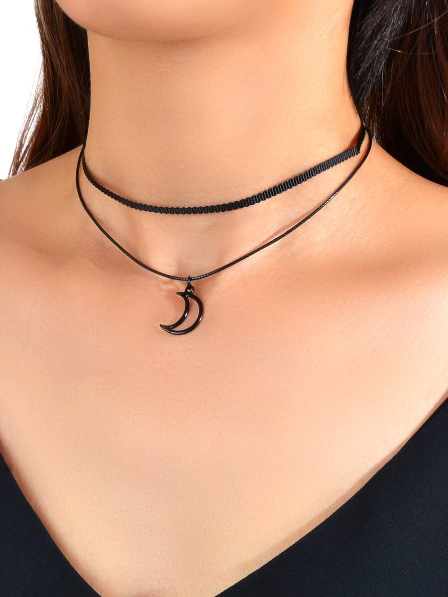 Moon Charm Layered Choker - màu đen - Xem 1