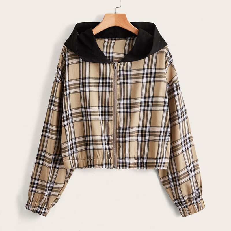 

Plaid Zip Up Hooded Jacket, Apricot