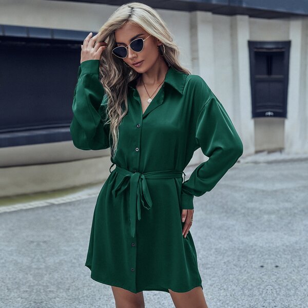

Drop Shoulder Button Front Belted Shirt Dress, Dark green