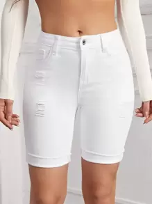 Shorts en mezclilla bajo de doblez desgarro - Blanco - Ver 1
