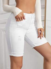 Shorts en mezclilla bajo de doblez desgarro - Blanco - Ver 5