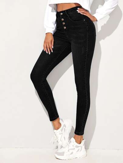 SHEIN Essnce Quần jean nữ Nút phía trước màu trơn