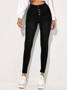 SHEIN Essnce High Waist High Stretch Cat Whiskers Skinny Jeans - Black - View 3
