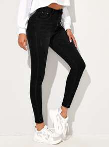 SHEIN Essnce High Waist High Stretch Cat Whiskers Skinny Jeans - Black - View 5