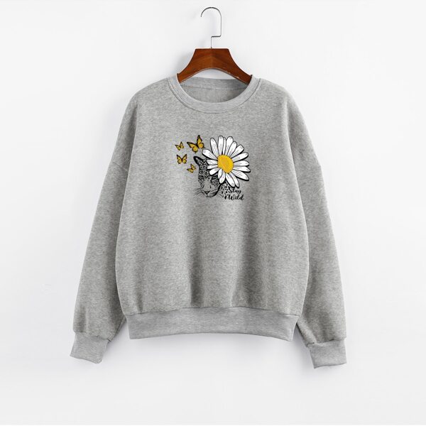 

Plus Floral & Leopard Print Drop Shoulder Thermal Pullover, Light grey