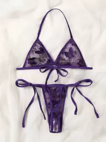 Butterfly Embroidery Mesh Lingerie Set - Purple - View 2