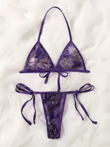 Butterfly Embroidery Mesh Lingerie Set - Purple - View 3