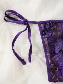 Butterfly Embroidery Mesh Lingerie Set - Purple - View 5