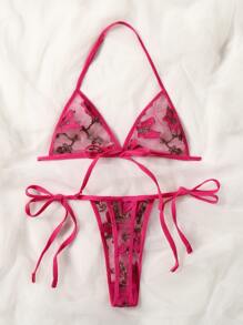Butterfly Embroidery Mesh Lingerie Set - Hot Pink - View 2