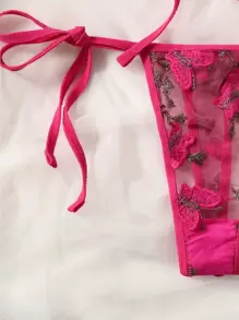 Butterfly Embroidery Mesh Lingerie Set - Hot Pink - View 3