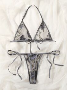Butterfly Embroidery Mesh Lingerie Set - Grey - View 2